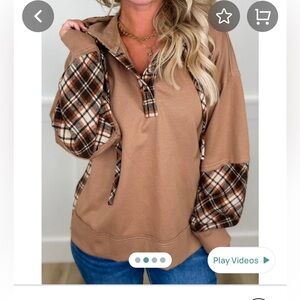 Staccato Brown Plaid Sleeve Hooded Top